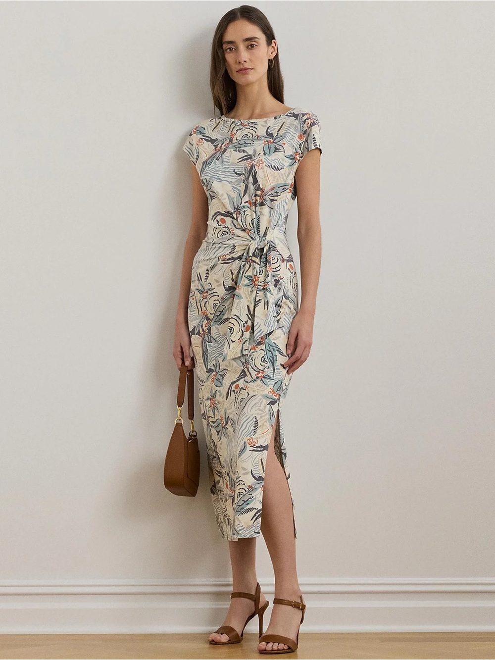 Lauren Ralph Lauren Abstract Floral Boatneck Side Tie Midi Dress XS NWT